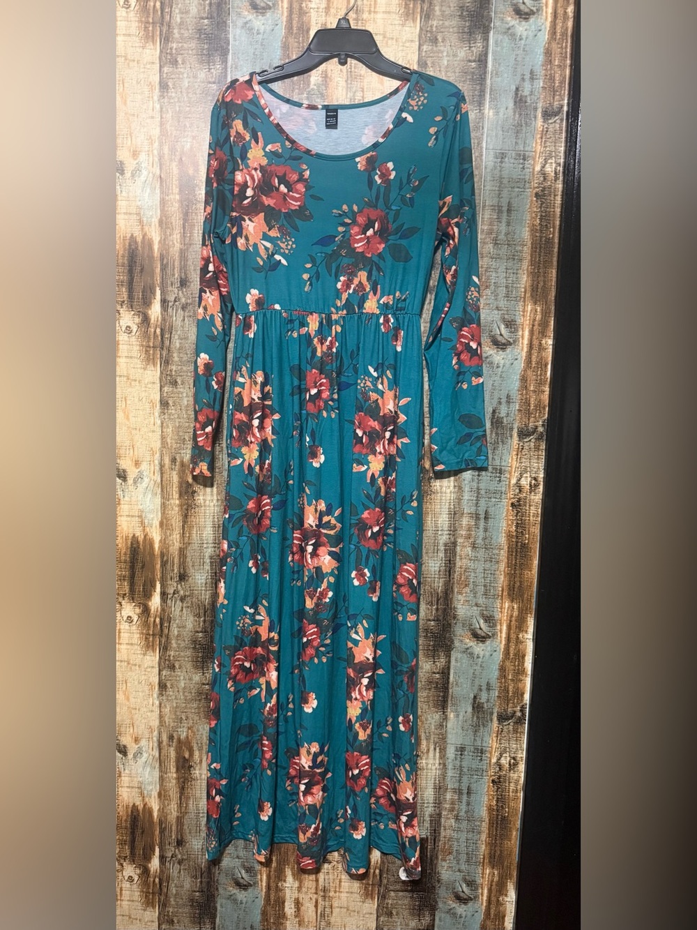 Teal Floral Maxi Dress with Long Sleeves
